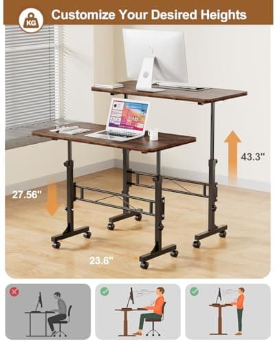 Amztabler Small Standing Desk Adjustable Height, Mobile Stand Up Desk with Wheels, 32 Inch Portable Rolling Desks Conference Room Tables for Walking Pad Treadmill Wood Rustic - Thumbnail 3