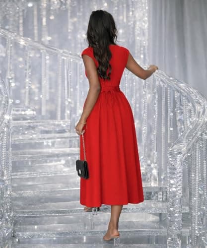 ABKY Womens Midi Dresses Deep V Neck Cap Sleeve Back- Tie A-Line Swing Dress with Pocket Party Foraml Date Night Prom Outfits Red XL - Thumbnail 4
