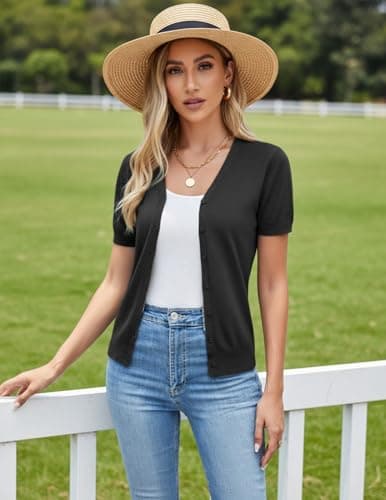 GRACE KARIN Women Summer Lightweight Cardigan, Short Sleeve Sweater Cardigan, Teacher Outfits for Women Trendy(Black,2XL) - Thumbnail 5
