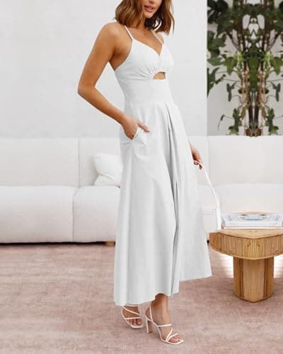 BTFBM Women 2026 Spaghetti Strap Midi Summer Dresses Sleeveless V Neck Cutout Slit Casual Beach Party Maxi Dress Pockets(White, Medium) - Thumbnail 3