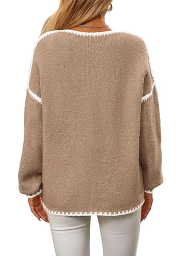 KIRUNDO Womens Sweaters 2026 Fall Oversized Long Sleeve Chunky Knit Crew Neck Contrast Stitching Pullover Winter Clothes(Khaki, X-Large) - Thumbnail 2