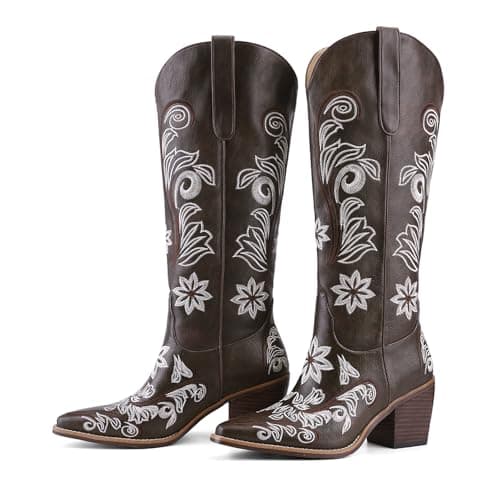 QIV Dark Brown Cowboy Boots for Women Western Pointed Toe Chunky Heel Mid Calf Cowgirl Boots with Embroidered Floral Size 8 - Image 1