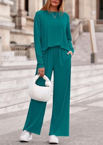 KIRUNDO Spring 2 Piece Lounge Sets for Women Long Sleeve Ribbed Knit Tops Wide Leg Pants Matching Travel Outfits Postpartum(Lake Blue, Small) - Thumbnail 3
