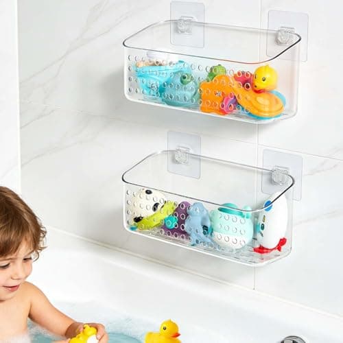 Eunion Bath Toy Storage 2 Packs, Large Bath Toy Holder, Quick Dry Bathtub Toys Organizer, Shower Caddy Shower Organizer for Bathroom Storage, No Drill Shelves Basket, Drainable, Clear White - Image 1