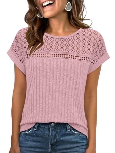ANRABESS Wemens Tops Summer Sweaters Shirts Short Sleeve Lace T-Shirts Dressy Casual Business Tee Blouses 2026 Trendy Clothes Pale Pink Mediun