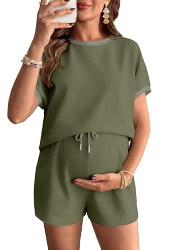 BLENCOT Women's Maternity Pajamas Crewneck Outfits Summer Short Sleeve T-shirt Top and Shorts Set Mom Clothes with Pockets Moss Green X-Large - Image 1