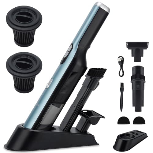VACFAM Handheld Cordless Vacuum Cleaner, Portable Car Vacuum with 18KPa Suction Power, Quick-Charge Hand Vac with LED Headlight & Storage Dock for Home Office Desk Keyboards Pet Hair, Blue - Image 1