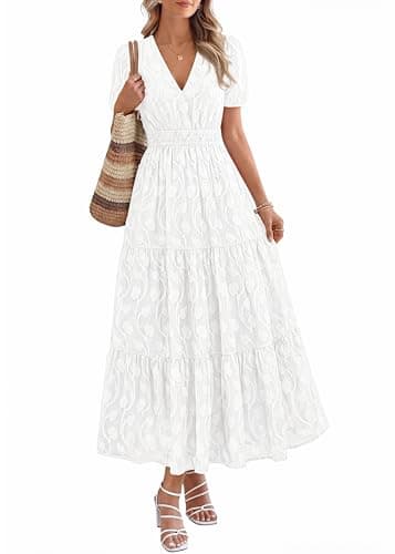 KIRUNDO Summer Dresses for Women 2026 Boho Flowy Casual Short Sleeve V Neck Elastic Waist Floral Long Baby Shower Maxi Dress(White, Small) - Image 1