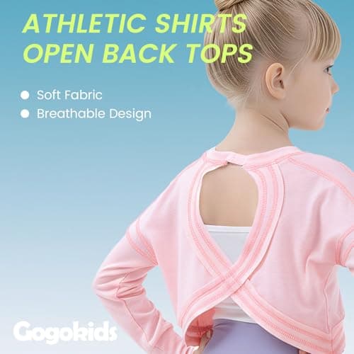 Gogokids Girls Shirts Long Sleeve Athletic Shirts Open Back Tops Active Sports Tshirts Yoga Workout Crop Tees, Pink, 11-12 Years - Thumbnail 3