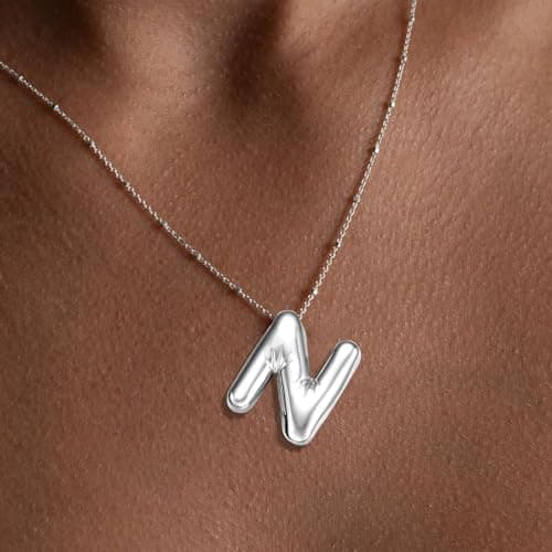 BOLAGTIER Bubble Letter Necklace Gold Plated Balloon Initial Chunky Bubble Alphabet Pendant Necklace Trendy Jewelry Gift for Women (N, Silver) - Thumbnail 2
