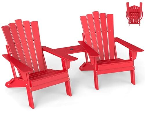 GREENVINES Folding-Adirondack-Chairs-Set-of-2 | HDPE Plastic | Throne Series | Fire Pit Chair | with Connecting Tray | Removable Table | All Weather | for Outdoor Patio Deck Poolside | Red - Image 1
