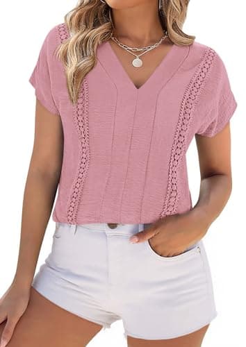 PRETTYGARDEN Blouses for Women Dressy Casual Spring 2026 Cap Sleeve V Neck Lace Trim Boho Tops Work Shirts Summer Clothes (Pink,Medium)