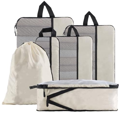 U+U 6 Set Compression Packing Cubes - Ultralight Cream Travel Organizers with Laundry Bag, Space-Saving Suitcase Organizer, Expandable Packing Cubes for Travel and Family Vacation (Cream) - Image 1