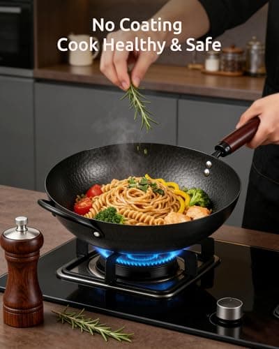 Wok Pan, Carbon Steel Wok, Woks & Stir-Fry Pans Nonstick, 13 Inch Wok Pan with Wooden Lid, Pre-Seasoned Carbon Steel Cookware, 5.8QT Flat Bottom Chinese Wok Paella Pan, Compatible with All Cooktops - Thumbnail 2
