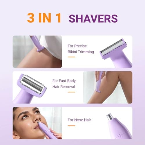 UNIMIKO Bikini Trimmer for Women, 3-in-1 Painless Womens Electric Razors & Pubic Hair Trimmer, Waterproof Womens Shaver with Ceramic Blades, USB Rechargeable Lady Groomer for Legs Underarm Face,Violet - Thumbnail 6