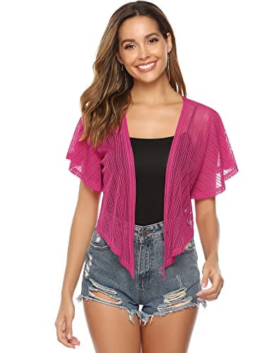 iClosam Women Sheer Shrug Tie Front Short Sleeve Cropped Bolero Shrug Cardigan Rose Red - Thumbnail 3