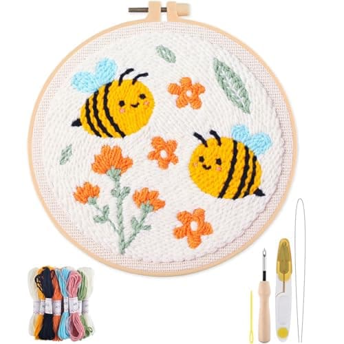 FEIYUENO Punch Needle Kit Adults Beginner Flower Animal Embroidery Set for Starter Art Craft, Easy Hobby Gifts for Women (Flower bee) - Image 1