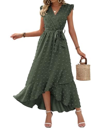 BTFBM Boho Dresses for Women 2026 Summer Fashion Cap Sleeve Swiss Dot Flowy Ruffle Beach Wedding Cocktail Maxi Dress(Army Green, Large) - Image 1