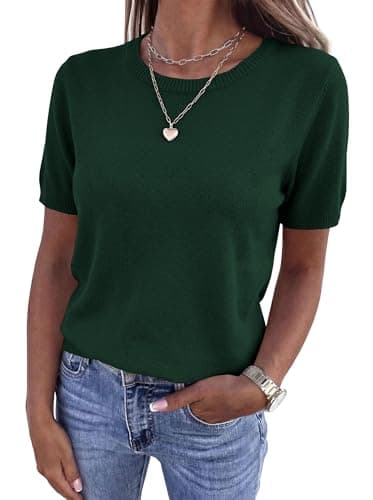 BTFBM Women's Short Sleeve Sweaters 2026 Summer Crew Neck Knit Work Shirts Business Casual Tops Basic Fall Fashion Clothing(Dark Green, Small) - Thumbnail 6