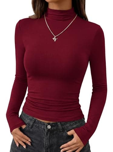 BTFBM Mock Turtleneck Tops for Women Long Sleeve Shirts Fitted Fall Fashion Clothing Basic Thermal Layering Undershirts(Burgundy, Large) - Image 1