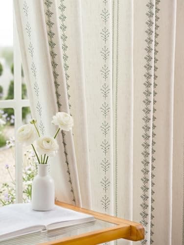 THREE GIRLS Pinch Pleated Sage Green Floral Block Print Curtains 96 Inches Long, Vintage Boho Linen Blend Drapes for Bedroom Living Room, 2 Panels Set