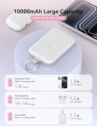 RORRY Portable Charger, 10000mAh PD 30W Fast Charging Portable Charger Power Bank with Built-in Cables, Travel Keychain Charger Battery Pack for iPhone 17/16/15/14/13/12, for AirPods 2/3/4/Pro, Blue - Thumbnail 4