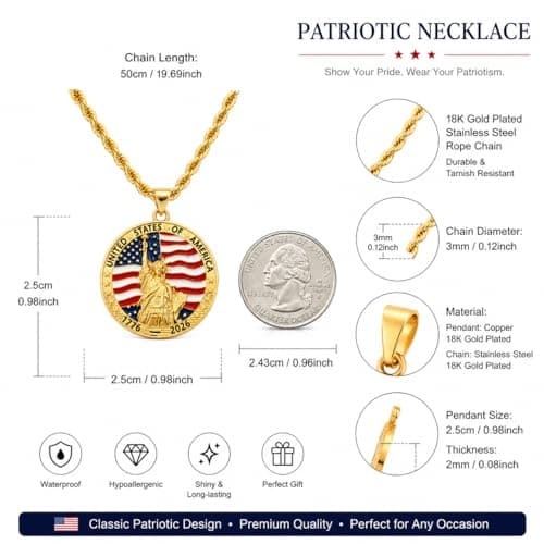 Uloveido Statue of Liberty Necklace for Men Women | 1776-2026 America 250th Anniversary Necklace with American Flag Pendant | 18K Gold Plated Stainless Steel Rope Chain Patriotic USA Jewelry Gift YA7078 - Thumbnail 5