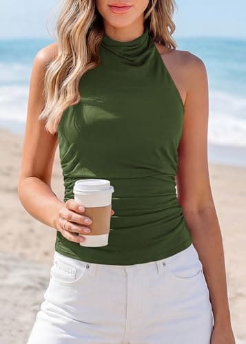 KIRUNDO Tank Tops for Women 2026 Dressy Halter Cowl Neck Backless Summer Clothes Casual Fitted Going Out Mesh Beach Outfits(Army Green, Medium) - Thumbnail 2