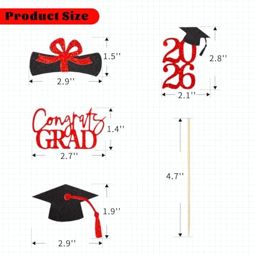 Oeyliz Graduation Cupcake Toppers 2026 Graduation Theme Cupcake Toppers Glitter 2026 Grad Cap Congrats Grad Diploma Cupcakes Toppers 24 PCS For 2026 Graduation Cake Decorations Supplies Red - Thumbnail 4