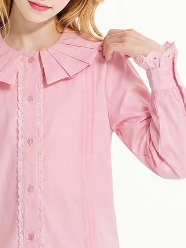 Barry Banny Girls Pink Dress Shirt Button Down Blouse Kids School Uniform Elegant Lace Decorated with Peter Pan Collar size6-7Y - Thumbnail 3