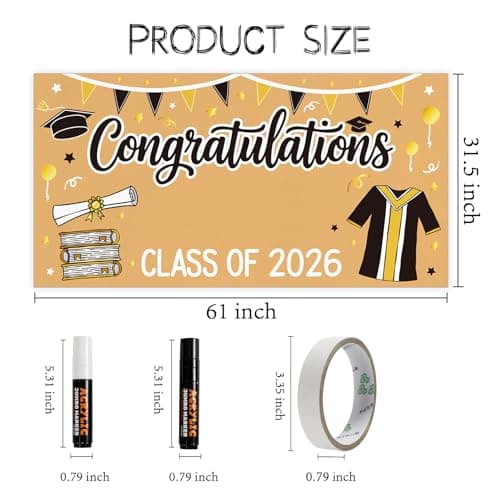 2026 Graduation Decorations - Graduation Banner DIY - Class of 2026 Congratulations Congrats Banner, 61 x 32 Inch Black and Gold Photo Backdrop for Kindergarten High School College Party Wall Decor - Thumbnail 3