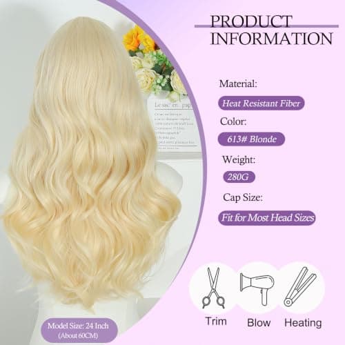 Barbique Blonde Synthetic Long Wavy Wig for Women, 613 Middle Part Lace Wig, Heat Resistant 24 Inch Glueless Wig for Everyday Use - Thumbnail 2