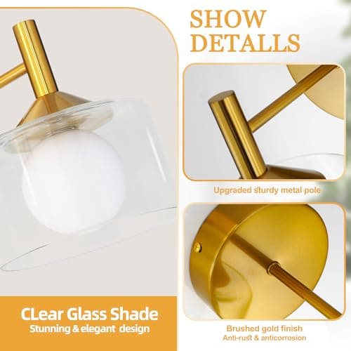 TYhogar Wall Sconces Set of Two, Gold Wall Lights with Clear Glass,Led Sconces Wall Decor Set of 2 Hardwired Hallway Light 3 Color Temperature Indoor Wall Sconce for Bathroom,Bedroom,Living Room - Thumbnail 4