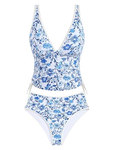Jillumi Two Piece Tankini Swimsuits for Women Tummy Control Bathing Suit Color Block V Neck Swim Suits with High Waisted Bottom (Blue Floral, Medium) - Image 1