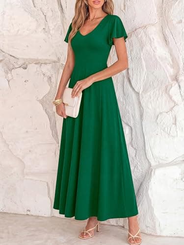 BTFBM Formal Dresses for Women Summer Outfits V Neck Ruffle Sleeve A Line Maxi Elegant Cocktail Wedding Guest Dress 2026(Green, Small) - Thumbnail 5