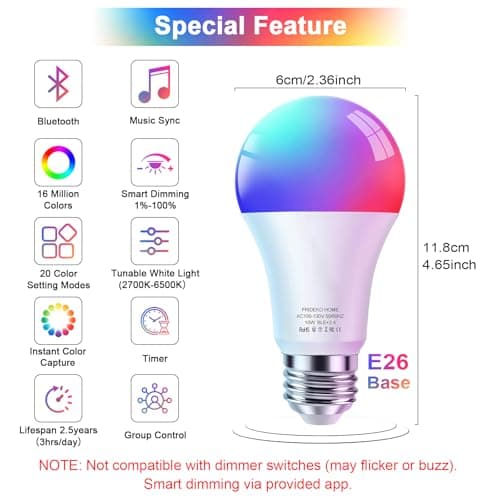 FRIDEKO HOME Smart Light Bulbs - Led Dimmible Color Changing Light Bulb for Home Works with Bluetooth Music Sync - A19 RGB Lightbulb for E26 Base with APP Control & Timer (2 Pack) - Thumbnail 2