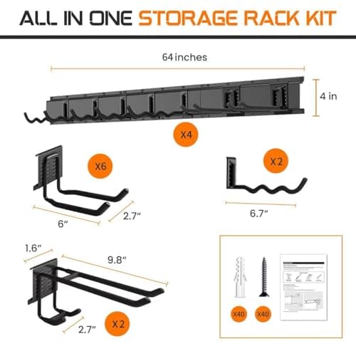 Evalote "64 Garage Tool Organizer Wall Mount - Heavy Duty 750lbs Metal Storage Rack, Easy Install Adjustable Hooks for Garden Tools Brooms - Thumbnail 3