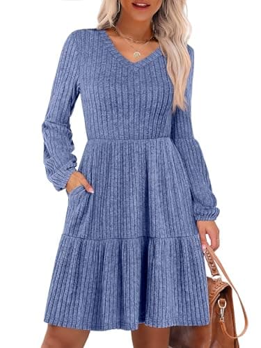 ANRABESS Women's Long Lantern Sleeve Ribbed Knit Dresses V Neck Casual 2025 Fall Winter Flowy Swing Tunic Sweater Short Dress Blue Medium - Image 1
