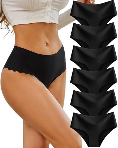 Sth Big High Waisted Seamless Underwear for Women No Show Panties Cheeky Scalloped Edge Bikini Breathable Briefs 6 Pack（3XL） Black - Image 1