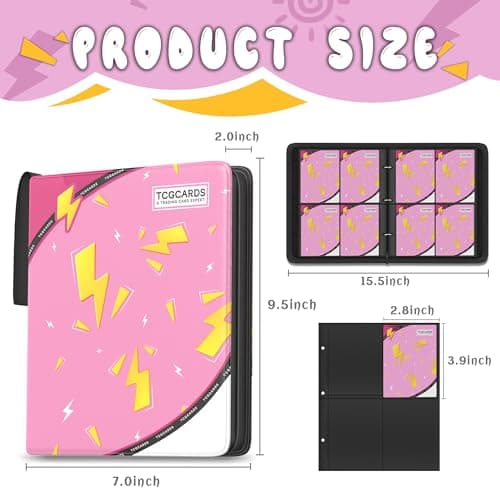 Trading Card Binder 4 Pocket,Card Binder 400 Pockets,Card Book Holder Cards with 50 Removable Sleeves,3-Ring Zip Design MTG/TCG/Sport Collectible Trading Card Albums Gifts for Boys and Girls (Pink) - Thumbnail 2