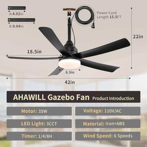AHAWILL Outdoor Ceiling Fan with Light,42" Gazebo Fan,3CCT Dimmable,Waterproof Plug in Ceiling Fan,Outdoor ceiling Fans for Patios,Porch,Gazebo.Black - Thumbnail 6