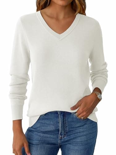 GKBK Sweaters for Women Wool Blend Lightweight Loose Fit Sweater V Neck Knit Pullover Long Sleeve Tops Business Casual Outfits 2026 Fall Fashion Must Have Winter Clothes Trendy White - Thumbnail 2