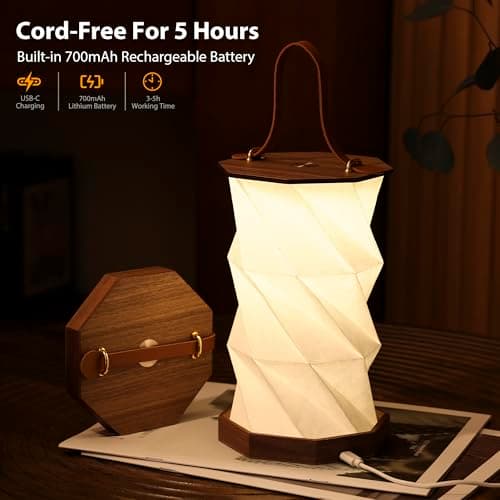 Ba sus Wooden Rotating Table Lamp, Warm Light Design with Leather Handle, Long Press Dimming Function, Built-in Battery & USB Rechargeable, Adjustable Heights for Bedroom, Living Room, Camping - Thumbnail 5