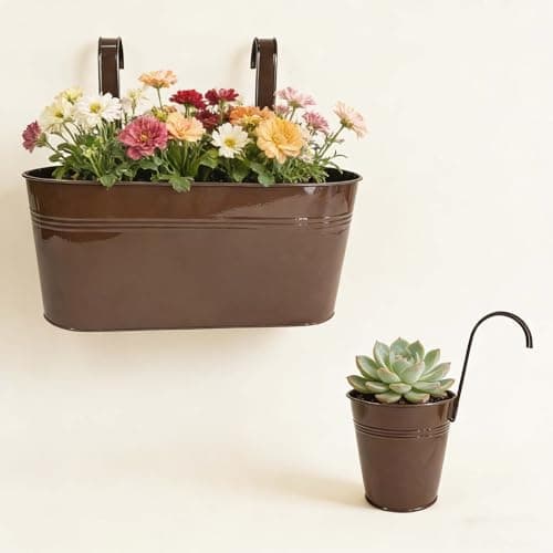 Joyfernal Set of 8 Outdoor Metal Railing Planters Box - 4 Pcs 5.12" Round Balcony Hanging Planter & 4 Pcs 17" Oval Fence Pot with Detachable Hooks Drainage, Chocolate - Thumbnail 5
