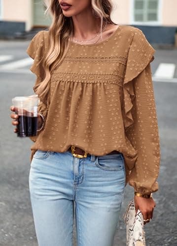 PRETTYGARDEN Spring Tops for Women 2026 Ruffle Sleeve Blouses Swiss Dot Crochet Loose Fit Tunic Dressy Casual Business Work Shirts (Brown, XXL) - Thumbnail 5