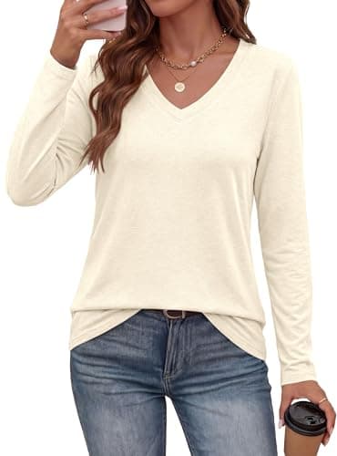 PRETTYGARDEN Womens Long Sleeve Shirts V Neck Basic Tees (Beige,XXL) - Image 1