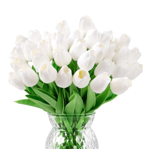 U'Artlines 30Pcs Fake Tulips Artificial Flowers with Stems Faux Tulips Bouquet Real Touch Flower for Wedding Home Kitchen Spring Easter Mother's Day Floral Arrangement Decor (White) - Image 1