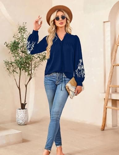 LOOKBOHO Boho Tops for Women Floral Embroidered Long Sleeve Peplum Blouses V Neck Tie Front Mexican Shirt Dressy Casual XL - Thumbnail 5