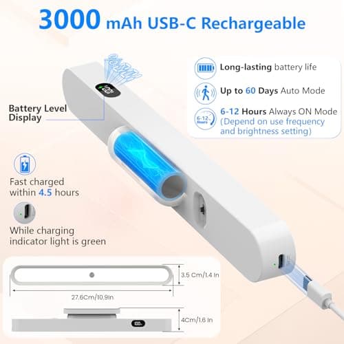 Kitloo Motion Sensor Light Indoor with Battery Display,3000mAh Rechargeable Under Cabinet Lighting Magnetic Light Bar 300LM Battery Operated Closet Light Makeup Lights Stick On - Thumbnail 4