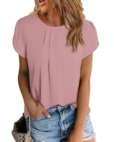 PRETTYGARDEN Women's Tops 2026 Casual Summer Round Neck Short Sleeve Basic Pleated Loose Fit Blouses Plain Tunic Shirts(Pink,Large) - Image 1